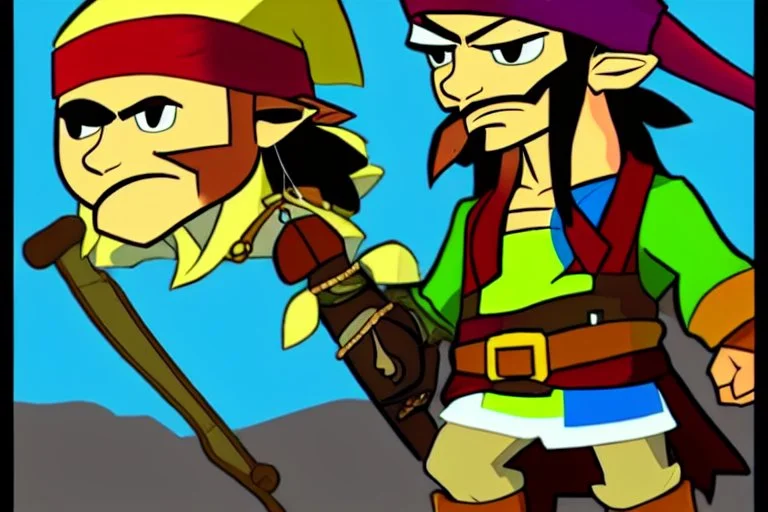 Cartoony and muscular Captain Jack Sparrow, Legend Of Zelda: Wind Waker style, stylized, colorful, adventurous.