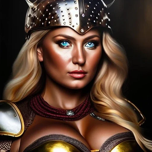 Ultra detailed fullbody Portrait in oil on canvas of beautiful busty female Viking with armor,helmet,extremely detailed digital painting,ultrarealistic skin,intense stare, extremely detailed face, crystal clear eyes, mystical colors ,perfectly centered image, perfect composition, rim light, beautiful lighting,masterpiece ,8k, stunning scene, raytracing, anatomically correct, in the style of Simon Bisley and Ohrai Noriyoshi and robert e howard and Steve Jung and Wizyakuza and uncannyknack.