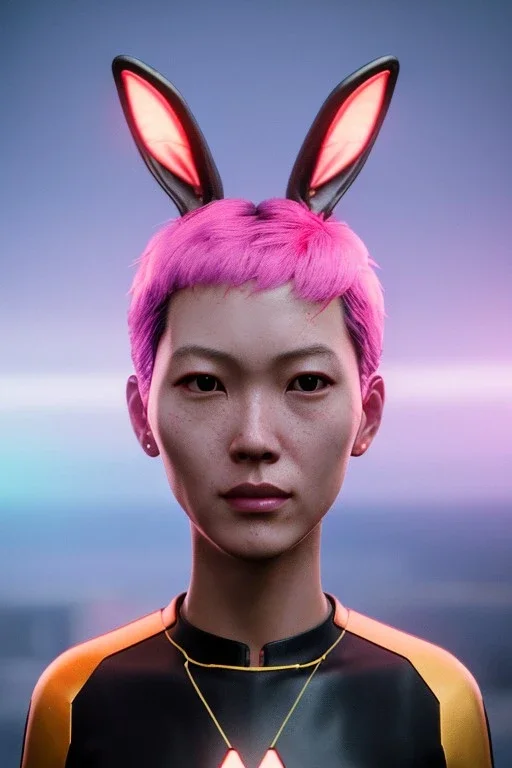 MCU Portrait, Front image. cyberpunk Asian sweet woman, pink short hair. Ceramic rabbit mask, latex suit. Red, black, gold, color. Punk style. highly detailed, concept art, smooth, unreal engine 5, god rays, ray tracing, RTX, lumen lighting, ultra detail, volumetric lighting, 3d, finely drawn, high definition, high resolution.