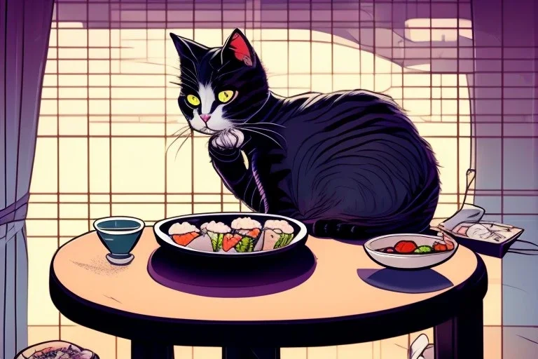 A cat is sitting on a table eating sushi. Manga style. Perfect iris. Paws