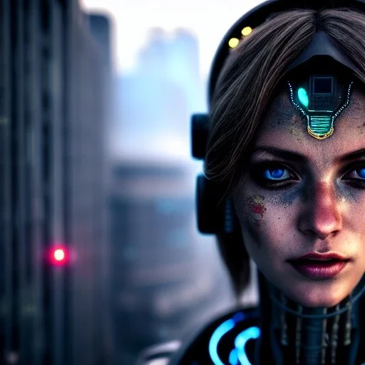 portrait,beautiful female robot, intense stare, post-apocalyptic in a cyberpunk city, realistic, intriacte detail, sci-fi fantasy style, volumetric lighting, particles, highly detailed ,cinamatic , deep colours,8k, by Caravaggio