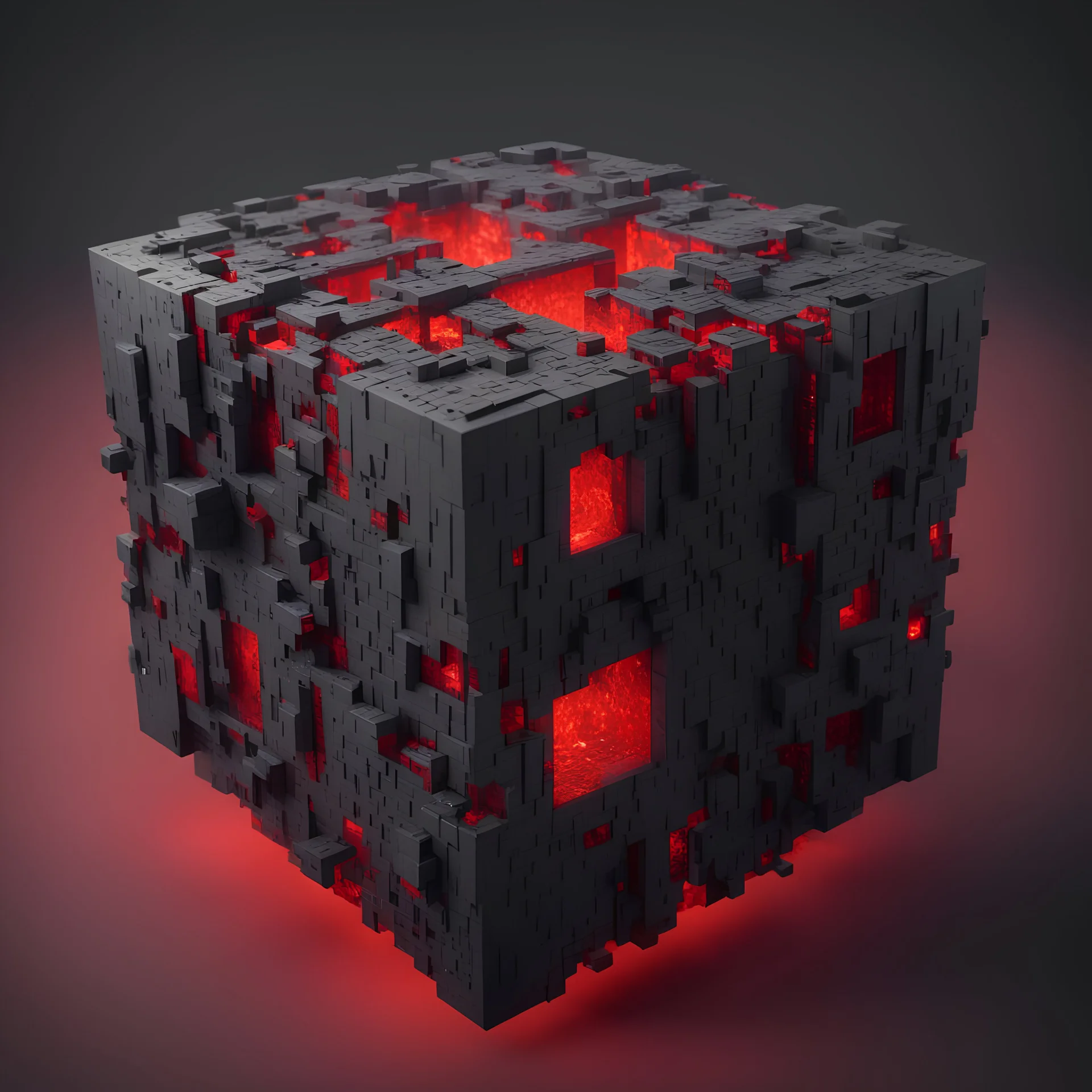 a cube of hell, high quality, retro pixel art, shades of blood red and blackish grey, octane render, sci fi - medieval, hellish, anti-aliasing, 4k render, top side angle