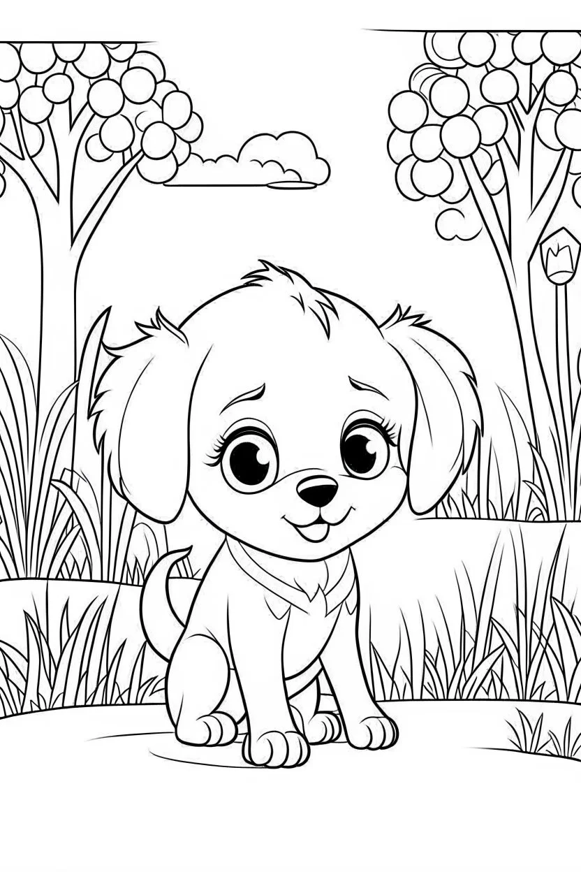 cute coloring page, sketch style, cute baby dog in the park, cartoon, white and black, withe background, no shadows, outline.