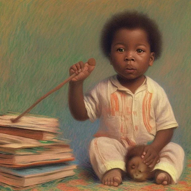 African American baby boy on pile of books by Monet