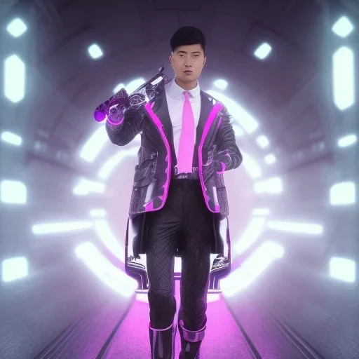 cute asian man in futuristic suits, black and white highlight hair color, pink and purple background, pink lighting, deep purple backlighting, gun, smoke