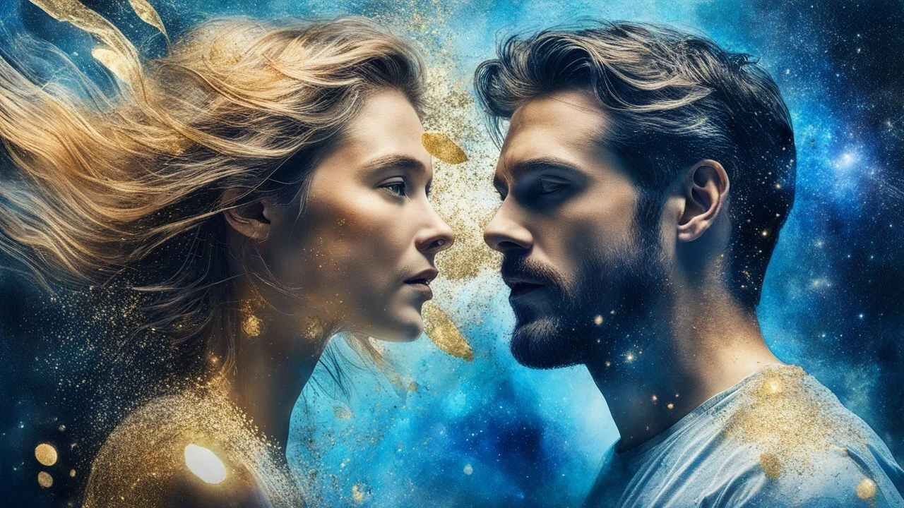 old worn canvas, mixed media, multiple exposure, layered, embossed, fine art luminous soft watercolor, glitter, mid ground, luminosity, highlights, shine, light effects, gold fragments, fine art luminous, portrait of Man and Woman, wind, blue space, clear lines, layered, blending, textured, surreal, 3D, 8K, best quality, fine rendering, high detail, hyperrealism, high resolution, high definition, layered, pin sharp, hyperfocus, vignette