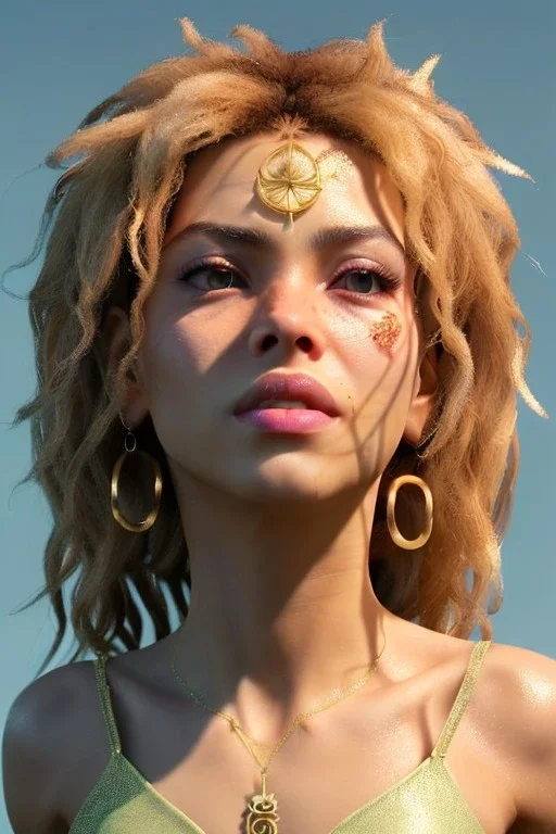 Shakira artist, Realistic image, natural waist up portrait, natural busty , perfect eyes, glow, circle iris, eye liner. spray line make up, glow. lips, gold. big rings piercing, led ornament. coat, vibrant color, highly detailed, art stations, concept art, smooth, unreal engine 5, god lights, ray tracing, RTX, lumen lighting, ultra detail, volumetric lighting, 3d, finely drawn, high definition, 4k.