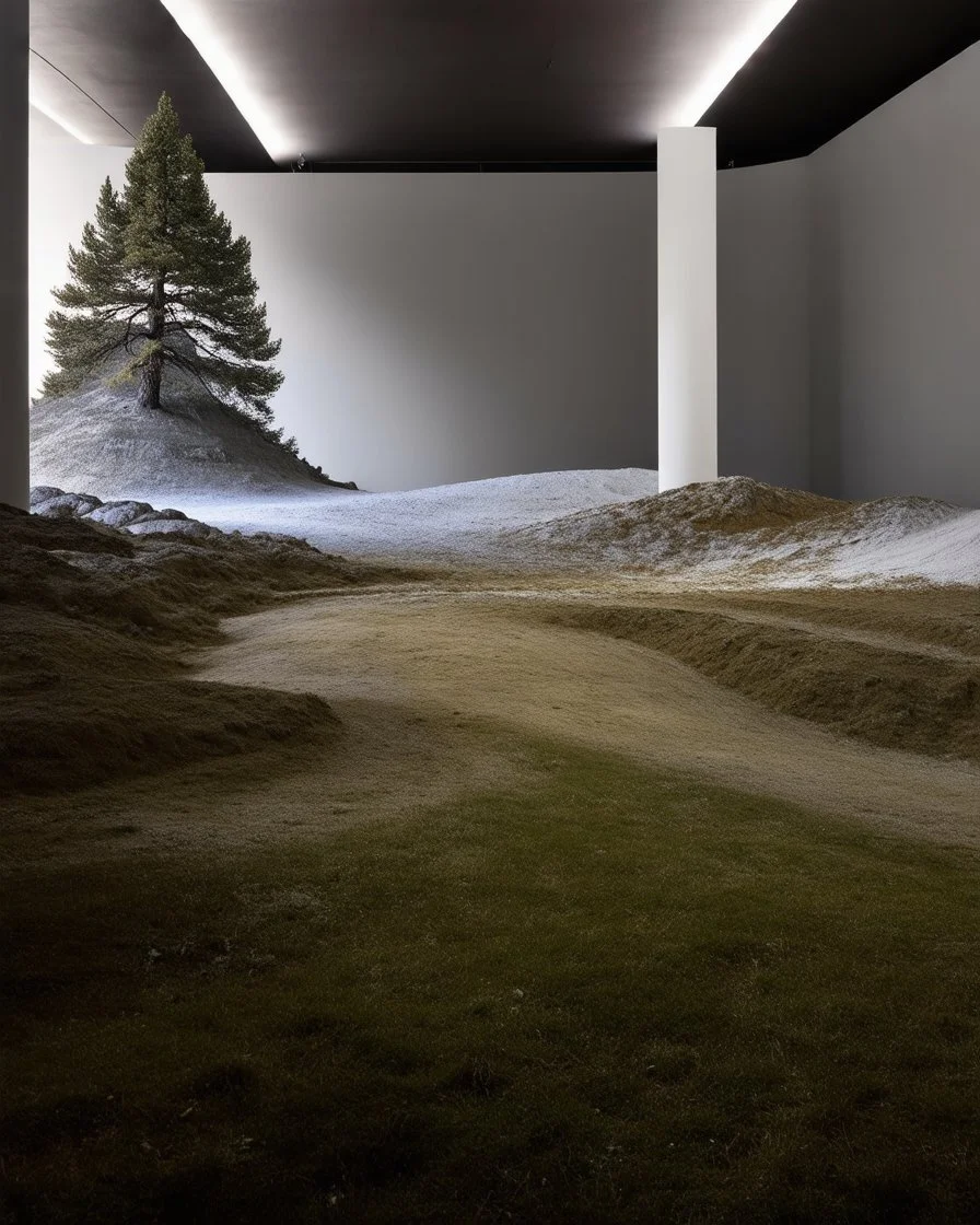 Photograph, giant museum exhibition, NO PEOPLE, a mass of terrain, giant museum space, trees, pillars, high walls, high peak in a room, rag, powder, brook, sediments, deflagration of the background, geological formation, light, architecture, minimalist, details of the terrain very accentuated, 8k, deep 3d field, sharp, brutalist, hasselblad h6d400c --ar 85:128 --v 6.0