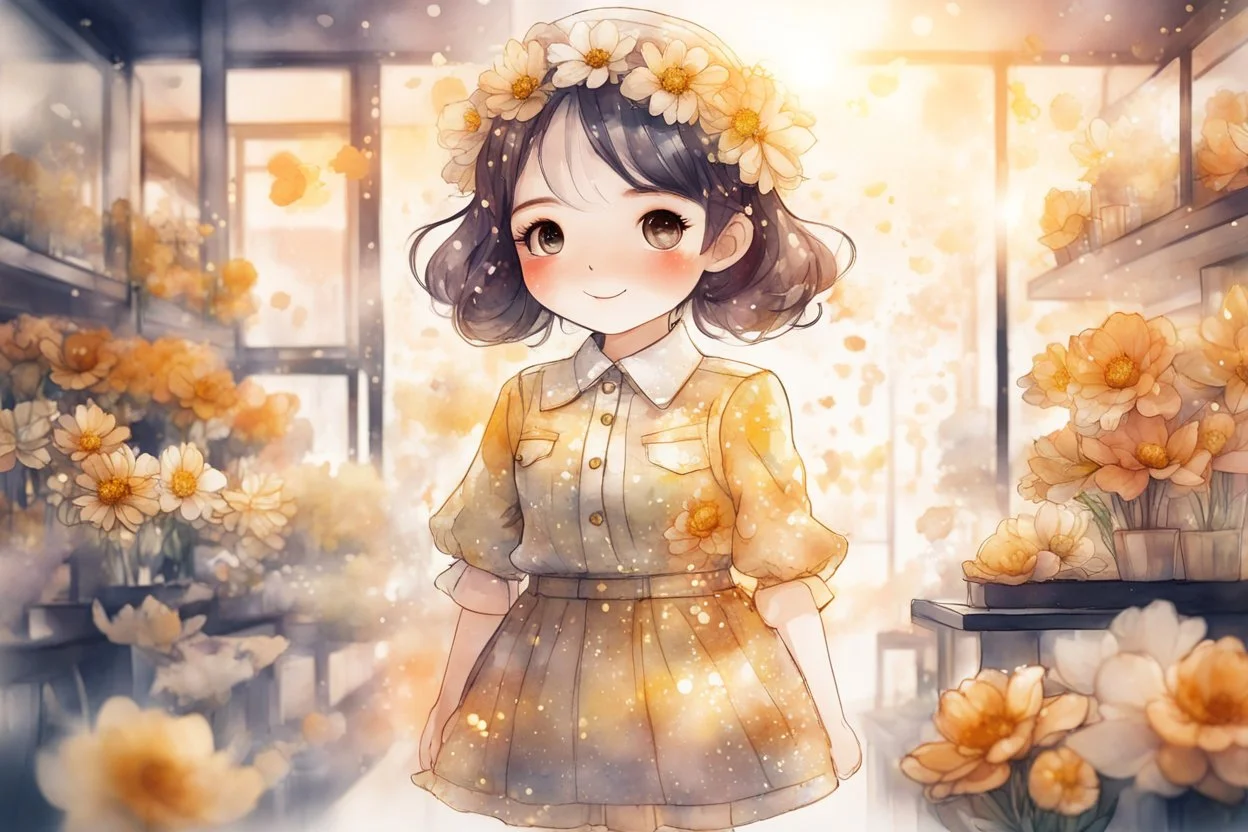 double exposure, flower shop, cute chibi salesgirl in flower uniform in sunshine, watercolor and black ink outlines, sparkling golden glitter, ethereal, cinematic postprocessing, bokeh, dof