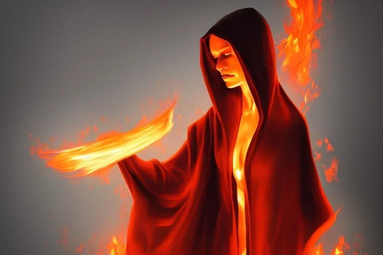 Cloaked woman holding fire, Dark moody night atmosphere, 8K, high body details, anatomically perfect bod, painted