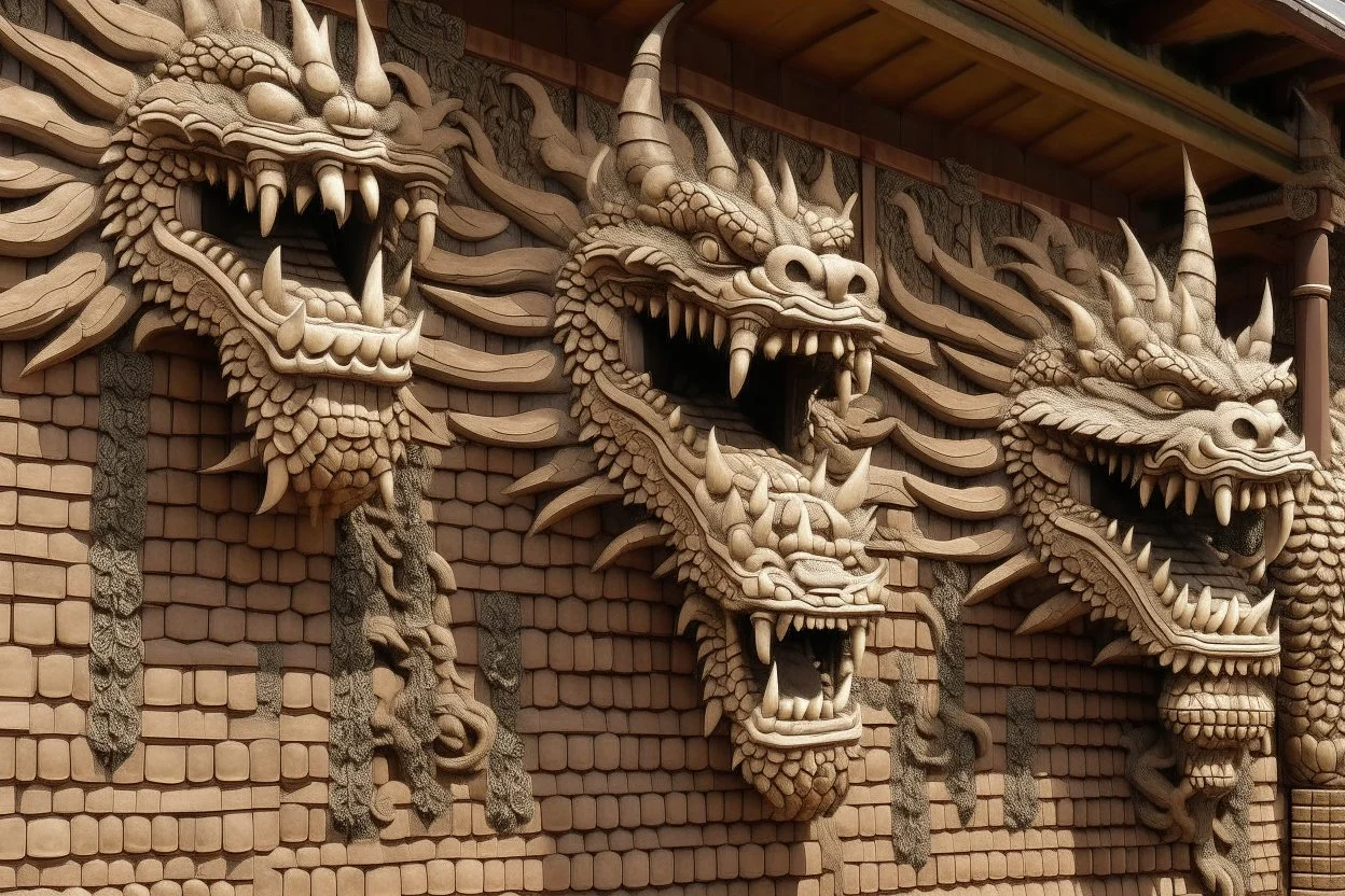 A brown wall fortress with dragon heads designed in Ica stones painted by Hashimoto Gaho
