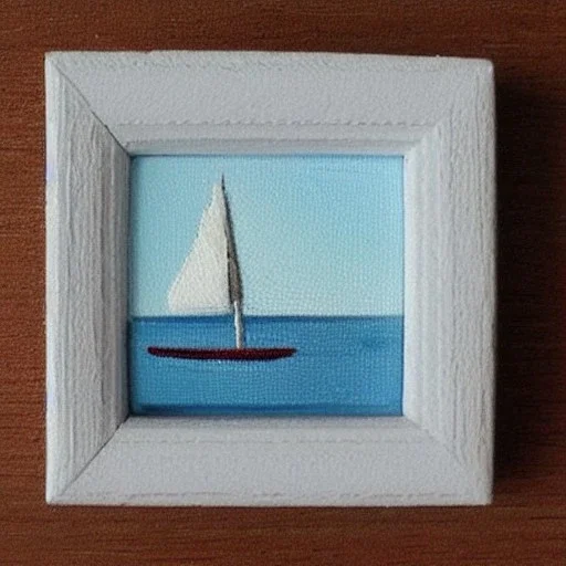 tiny oil painting of tiny sailboat, plain white background, solid white background, tiny white canvas, tiny white frame, melancholy, tender, moody, vintage, delicate arrangement, beautiful composition, etsy, aesthetic layout, plain solid white background