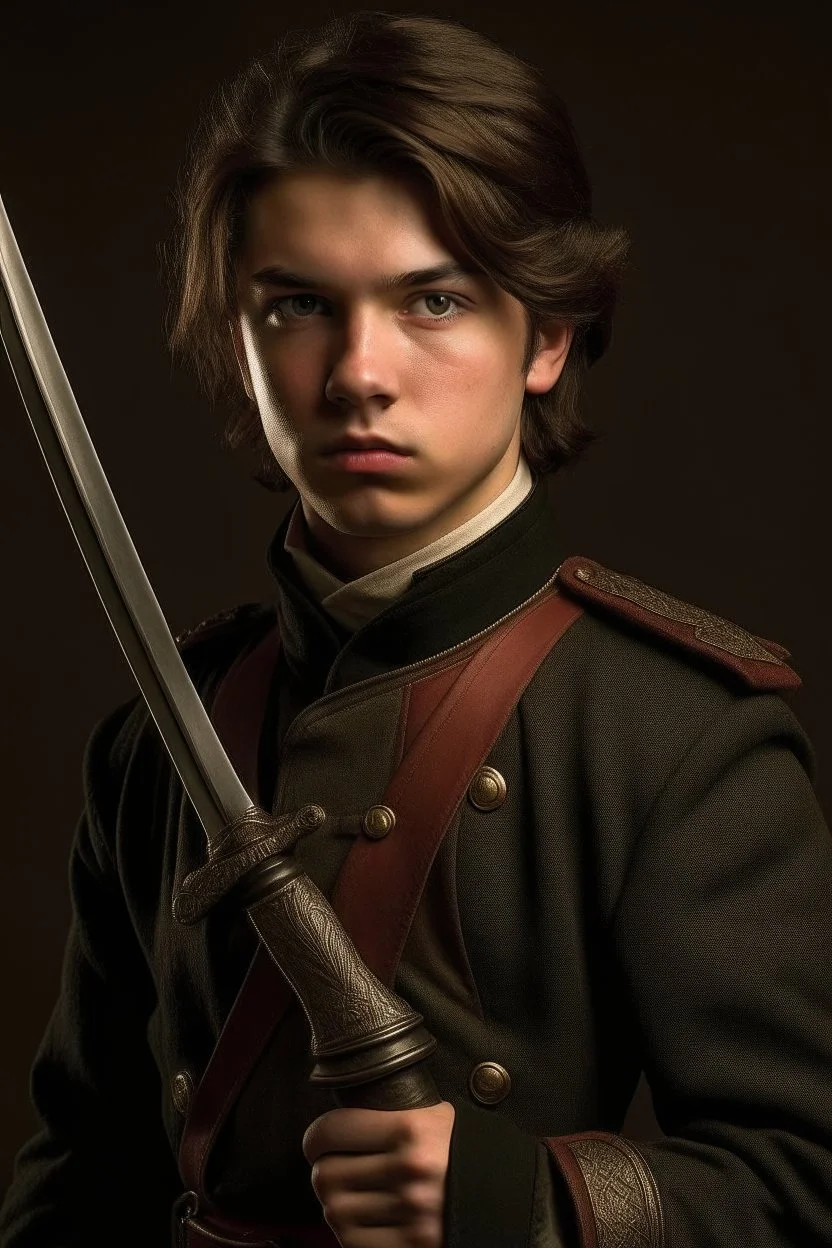 european brown hair young adult royal guard swordsman with rapier dieselpunk