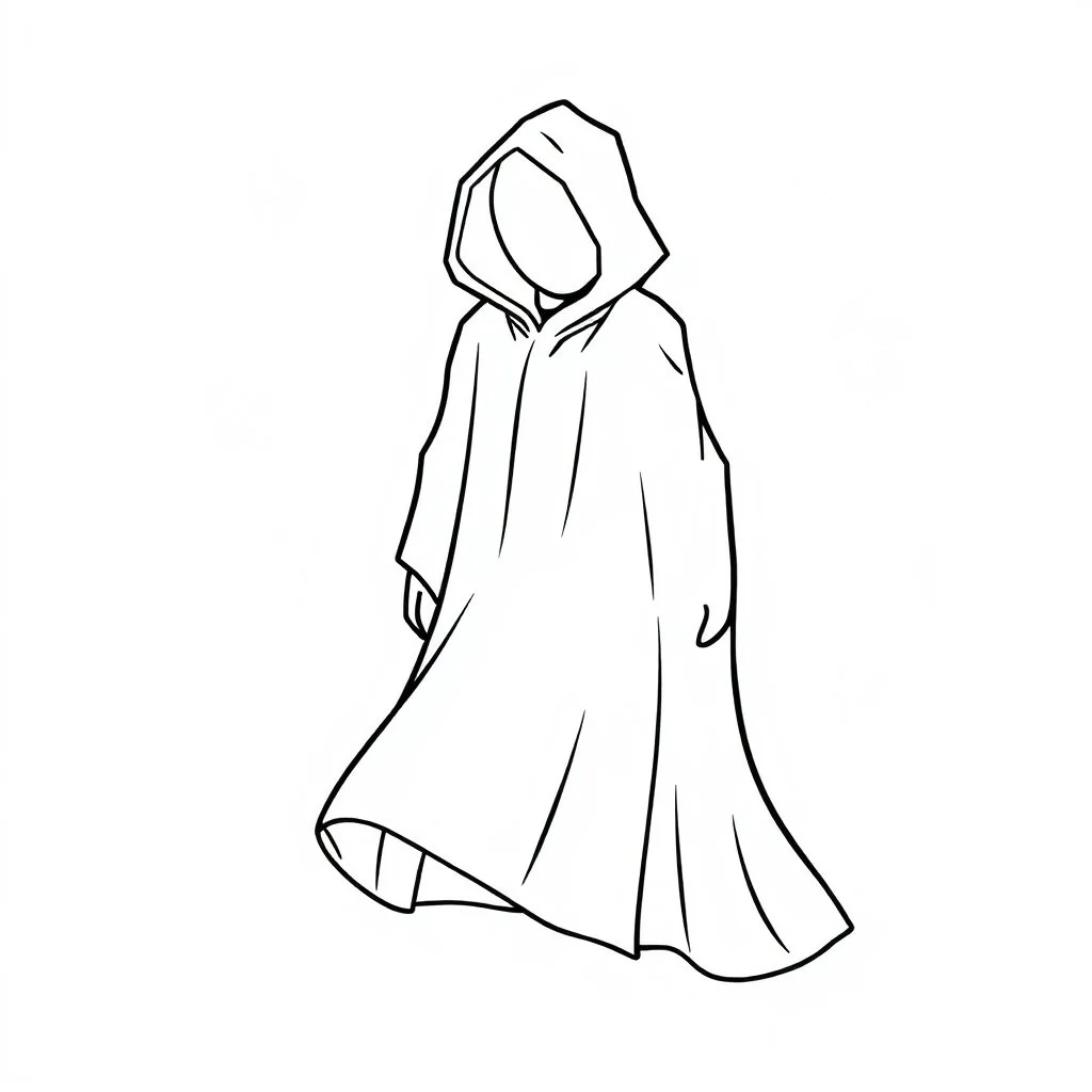 Make black and white cute drawing of a Invisibility Cloak with black bold lines. Only outline, no grayscale. A flowing cloak draped on an invisible figure, surrounded by sparkling light. Make parts of the cloak semi-transparent, blending into the background like it's vanishing.