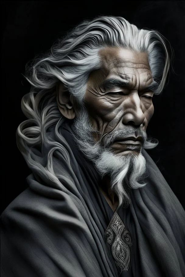 a photo of an Caiucasian man with ethnic jewelry, grey hair and grey flowing robe, in style of Annie Leibovitz, contemporary portrait of a mature yet beautiful and modernist man, black and grey, detailed masculine face, swirling fluid smokey enigma, award-winning artwork