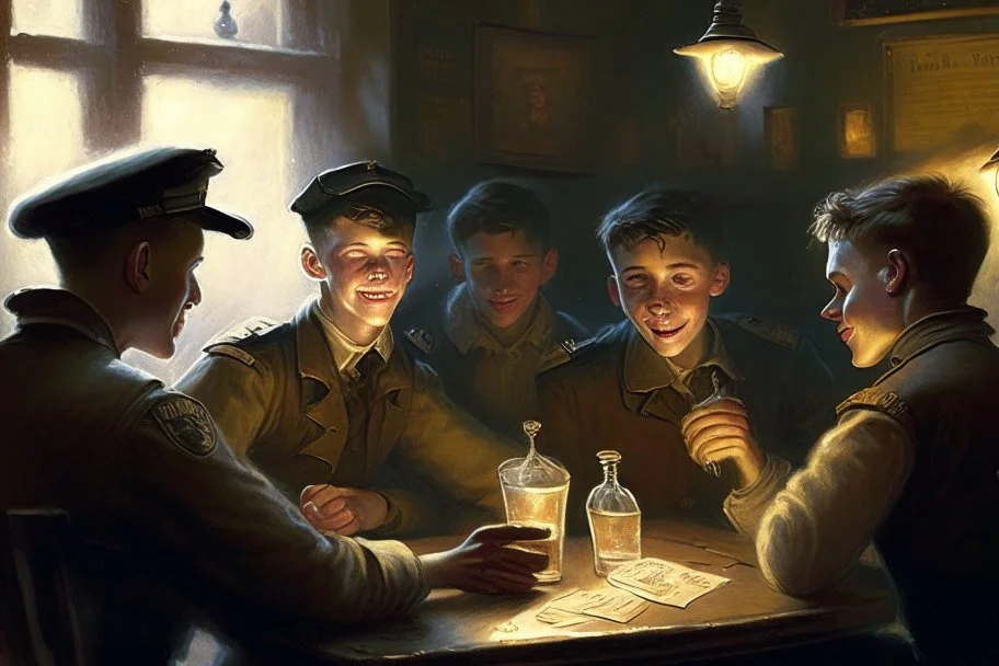 Smoky pub, cheerful young men drinking around a table, a policeman looking thoughtfully at the ID card of one of the boys, lamplight