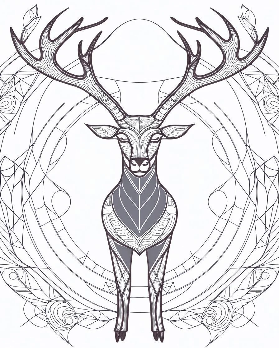 coloring pages: Envision a deer, surrounded by a futuristic rectangular frame with holographic patterns. This modern interpretation combines the traditional joy of coloring
