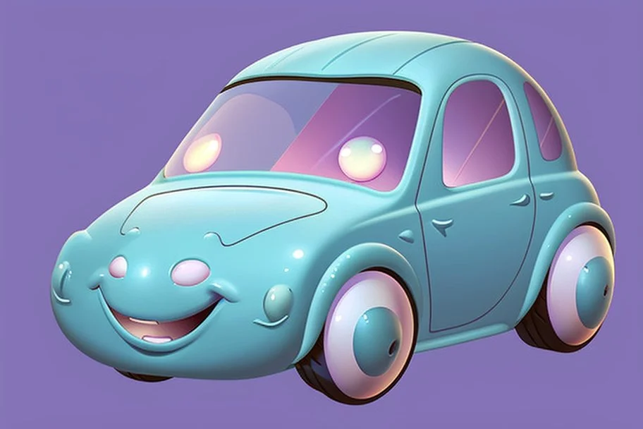 whimsical cartoon car with big eyes and a friendly smile, accompanied by various mechanical parts that form the shape of the car. The cartoon car should have a round body and a pair of big, round headlights that look like eyes. The eyes should be friendly and cute, with thick lashes and a bright sparkle. The car should also have a wide grille that forms a smile, with a row of teeth made of tiny nuts and bolts. The smile should be slightly crooked.