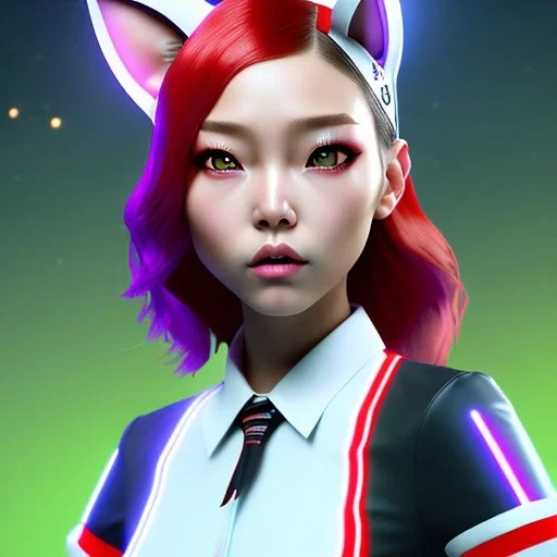 waitress teenager, asian race, cat ears latex headband, rounded face, red hair, short hair, light makeup, striped shirt, vibrant color, highly detailed, gradient background, concept art, smooth, 16 bit, unreal engine 5, god rays, ray tracing, RTX, lumen lighting, ultra detail, volumetric lighting, 3d, finely drawn, high definition, high resolution.