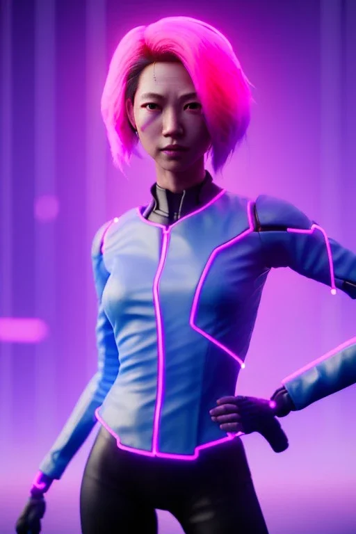 Medium shot body portrait, Asian cyborg woman :: symmetry photography, cyberpunk, pink hair, makeup, long line eye, light iris, :: latex coat, wires and circuits, pink, white, black :: cinematic, Ultra realistic, dark scene, soft color, highly detailed, unreal engine 5, RTX, ultra detail, 3d, finely drawn, high definition.