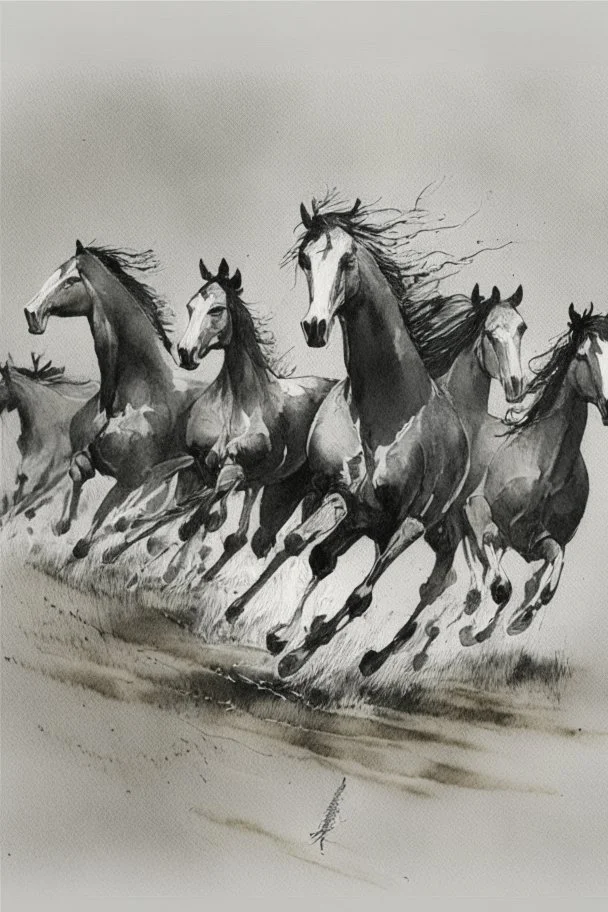 8 horses running on meadow as black ink watercolor chinesse paintin art