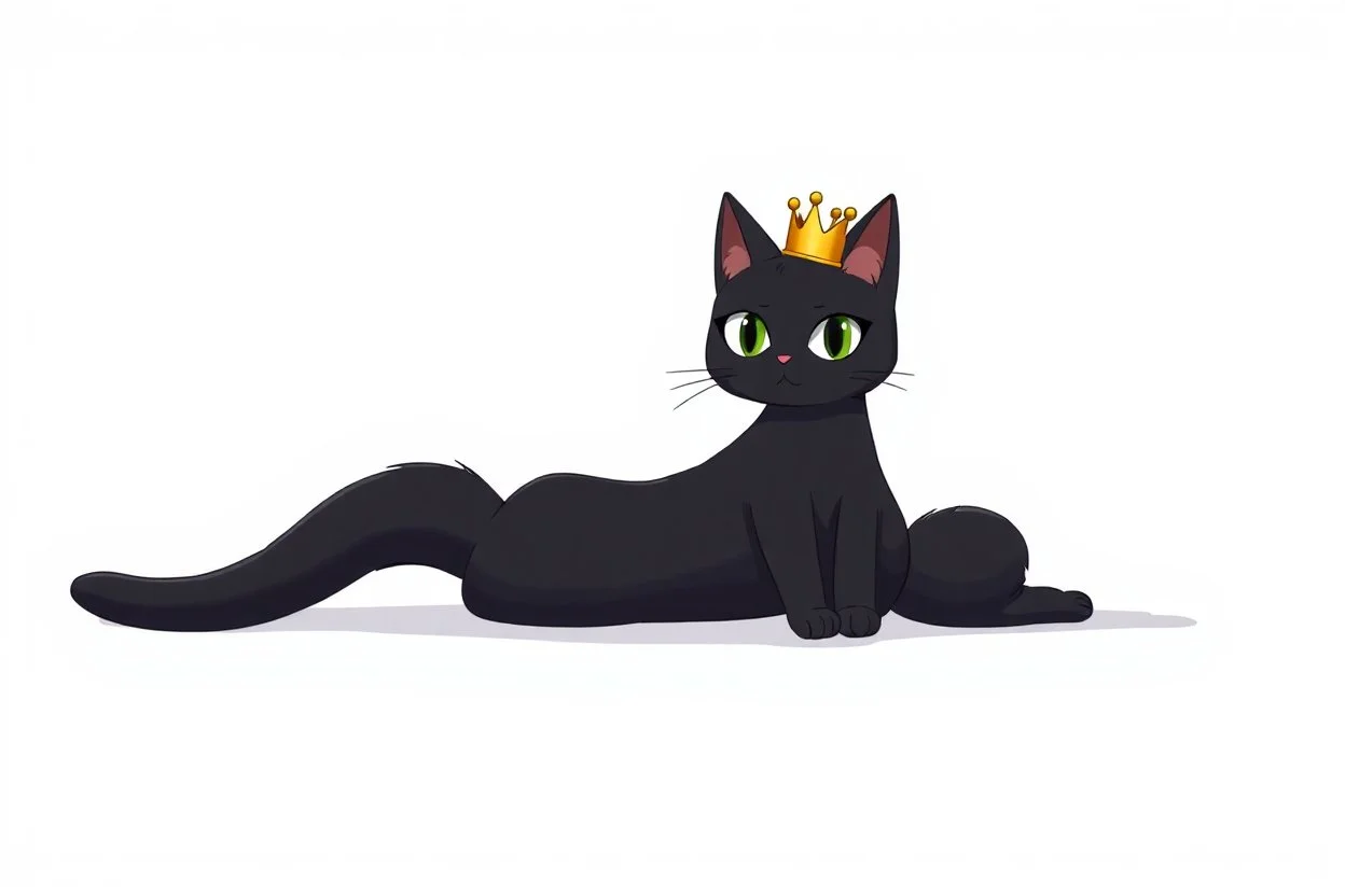 anime black cat on white background, sitting, wearing a crown