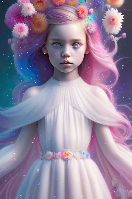 a little girl,sumetric eyes, pink hair, colorful, watercolor splash, white dress, rainbow flowers, in the style of Camilla d'Errico, hyper detailed, beautiful, complex, trending on artstation, cryengine, national geographic photo, chiaroscuro