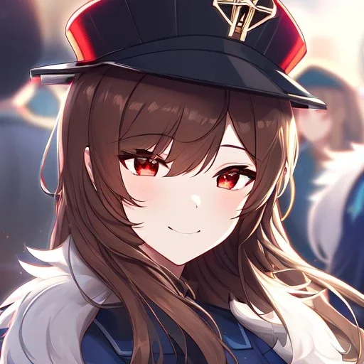 Clear Focus, High resolution, glowing red eyes, wearing a train conductor uniform, long dark brown hair, front hair is straight but the rest is fluffy, wearing a train conductor hat, evil smile, extreme close up