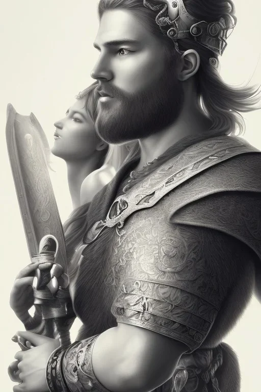 Viking BDSM style, 8K, a Highly detailed portrait of a man holding a submissive woman in a chain, white suit, beard, and short hair