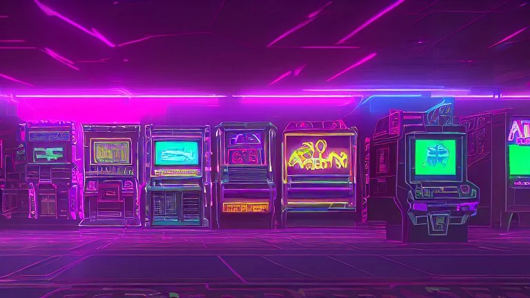 A dark photo of the corners of an 80's aesthetics arcade at night, with a lot of functioning arcade machines, a vaporwave floor and some colorful tiles in between the floor. Purple aesthetics.