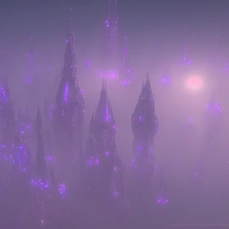 ALIENS FLOATING, MAGIC BUILDING, FOGGY NIGHT, GLOWING, PURPLE, TOWERS, 4K, 8K, CINEMATIC