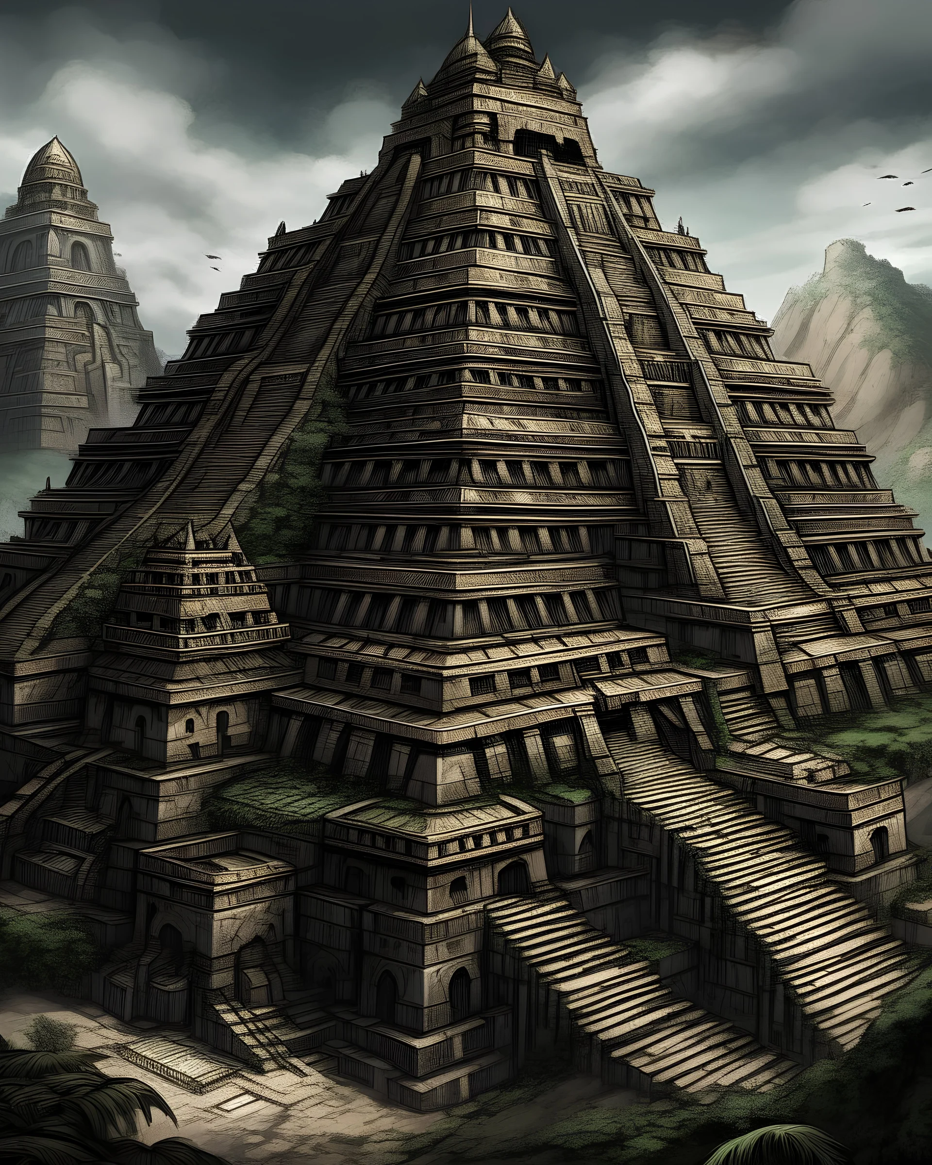 A sinister looking chaotic castle designed in Mayan architecture