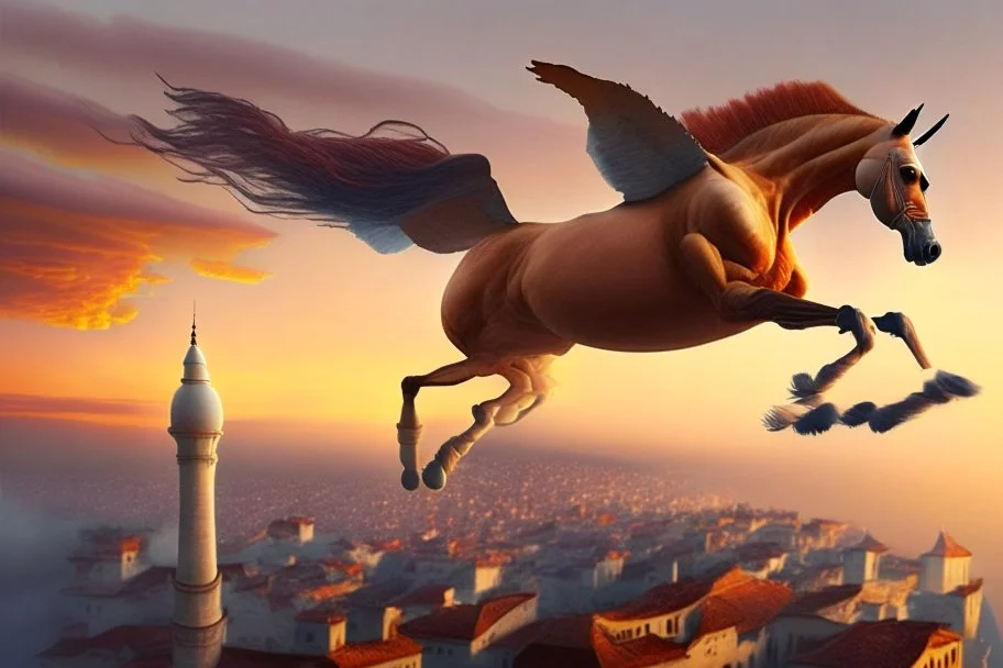 Ultra realistic vibrant antrophpmorphic half-human, half-horse creature (Centaur) flying after a dynamic jump in the sky before a Bird's-eye view of Istanbul at sunset, with Hagia Sofia visible, in the twilight, and fog and mist rolling in between the houses. Pastel brown and orange colors, sepia very attractive fantastic view