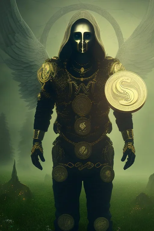 running berserker portrait , no face, black jogging suite , in the night Alps , holding coins , angels background, volumetric gold light, high detail, dark leaf tree, dark mountains in background, perfect, HR Giger style