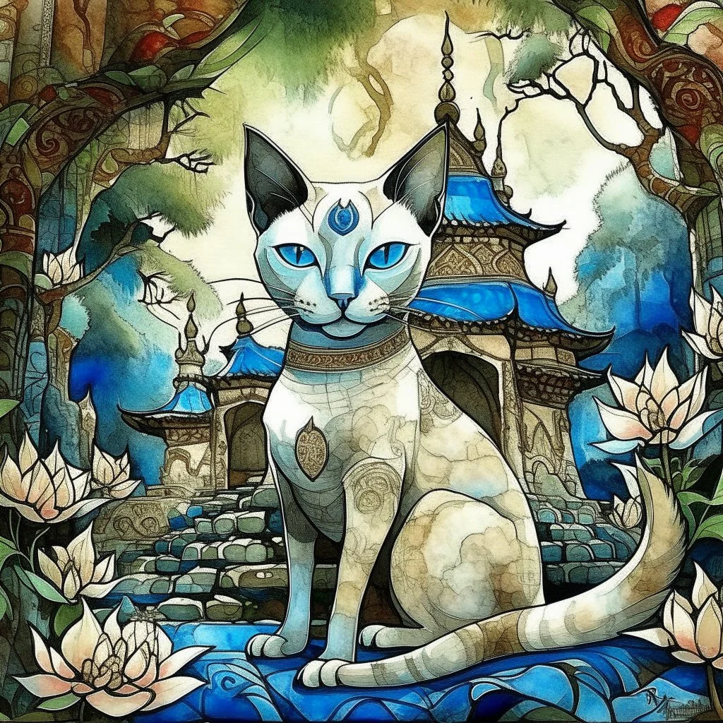 Surreal mixed-media combining wet watercolor, tempera paint, and fine line pen drawing of a stunning, slender, elegant, blue eyed, slender Siamese cat. Chocolate point. wedge shaped face, large ears. laying in the lap of a statue of mossy, old stone Buddha, on the grounds of a Thai temple, among vegetation and flowers, at dusk with shining stars and crescent moon in background. Dark overlay texture