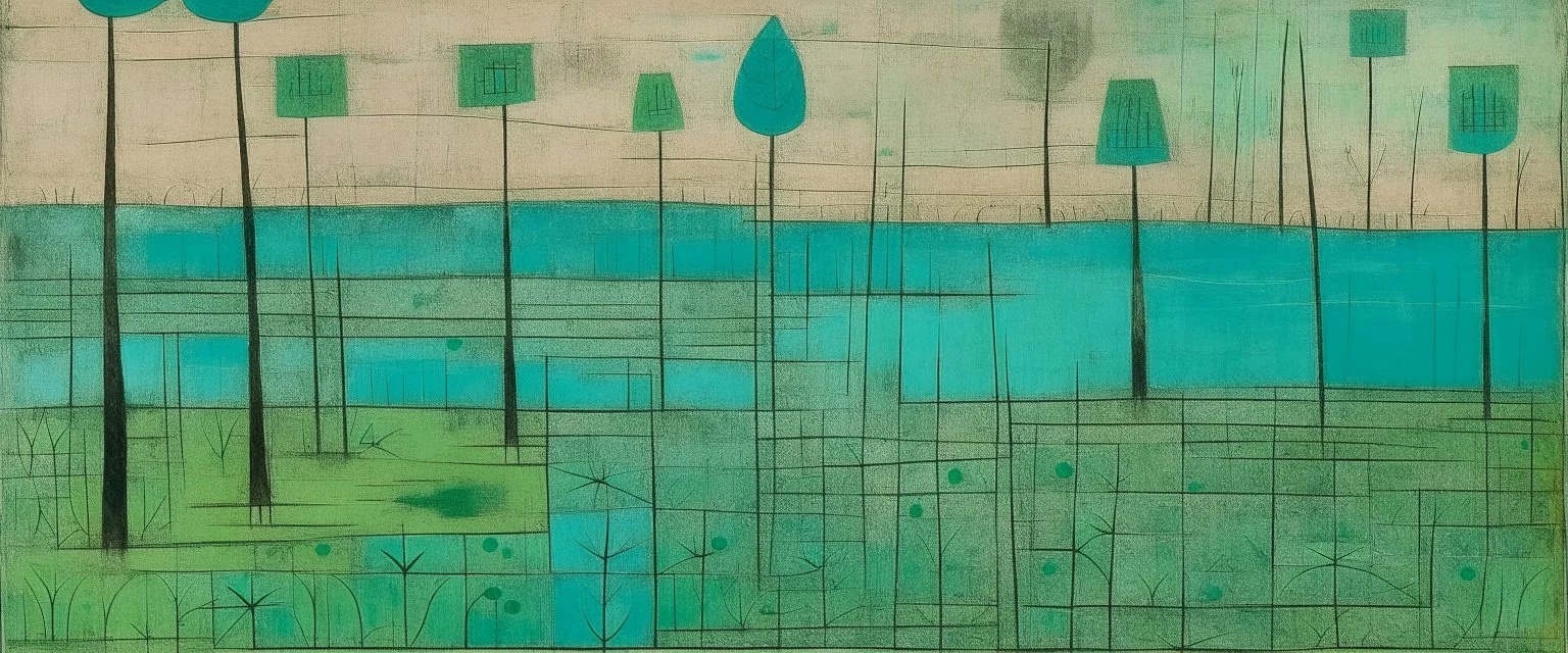 A teal serene wetlands painted by Paul Klee