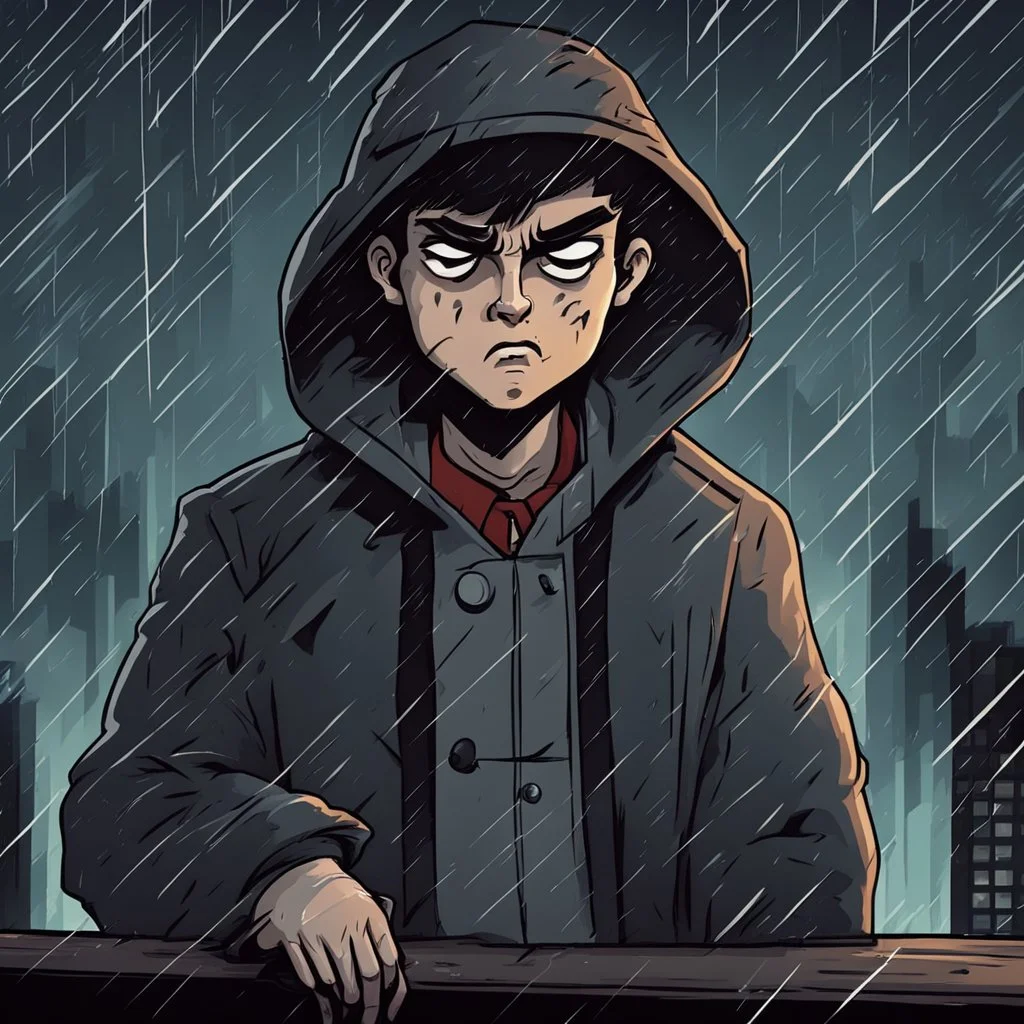 a closeup of a bored psychopathic young man in a heavy coat during a rainstorm cartoon