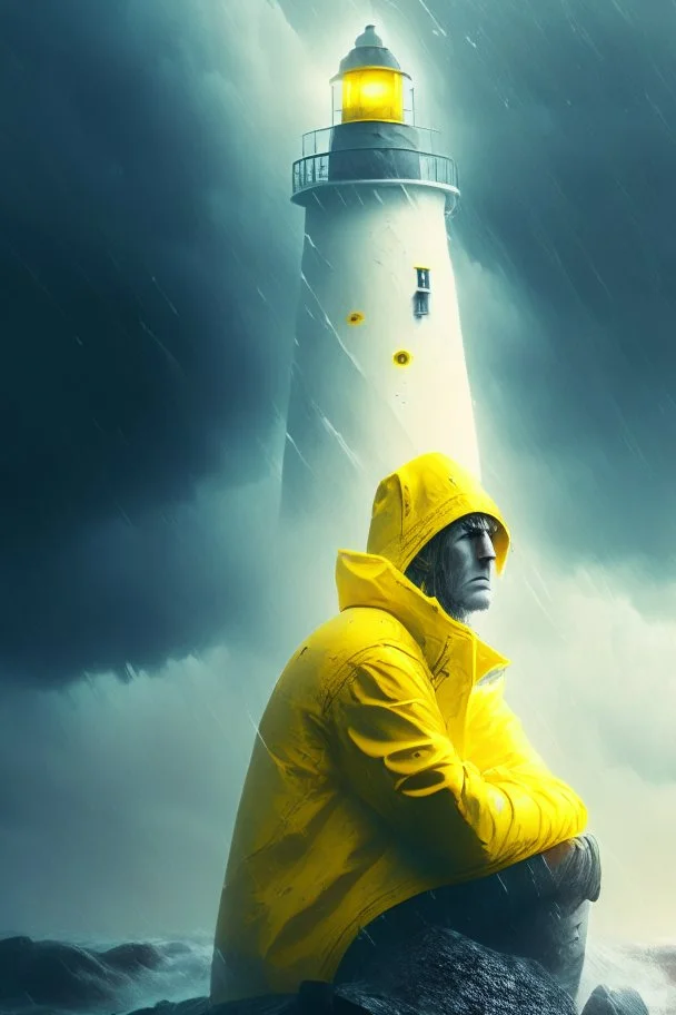 portrait of dead seafarers face sitting in yellow raincoat on rocks beneath an unreal bright white lighthouse, storm clouds, volumetric fog, lightening, volumetric light,depth of field, fantasy art, 4k, highly detailed, sunbeam