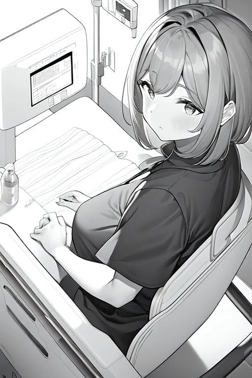 girl in bed, hospital patient room, greyscale