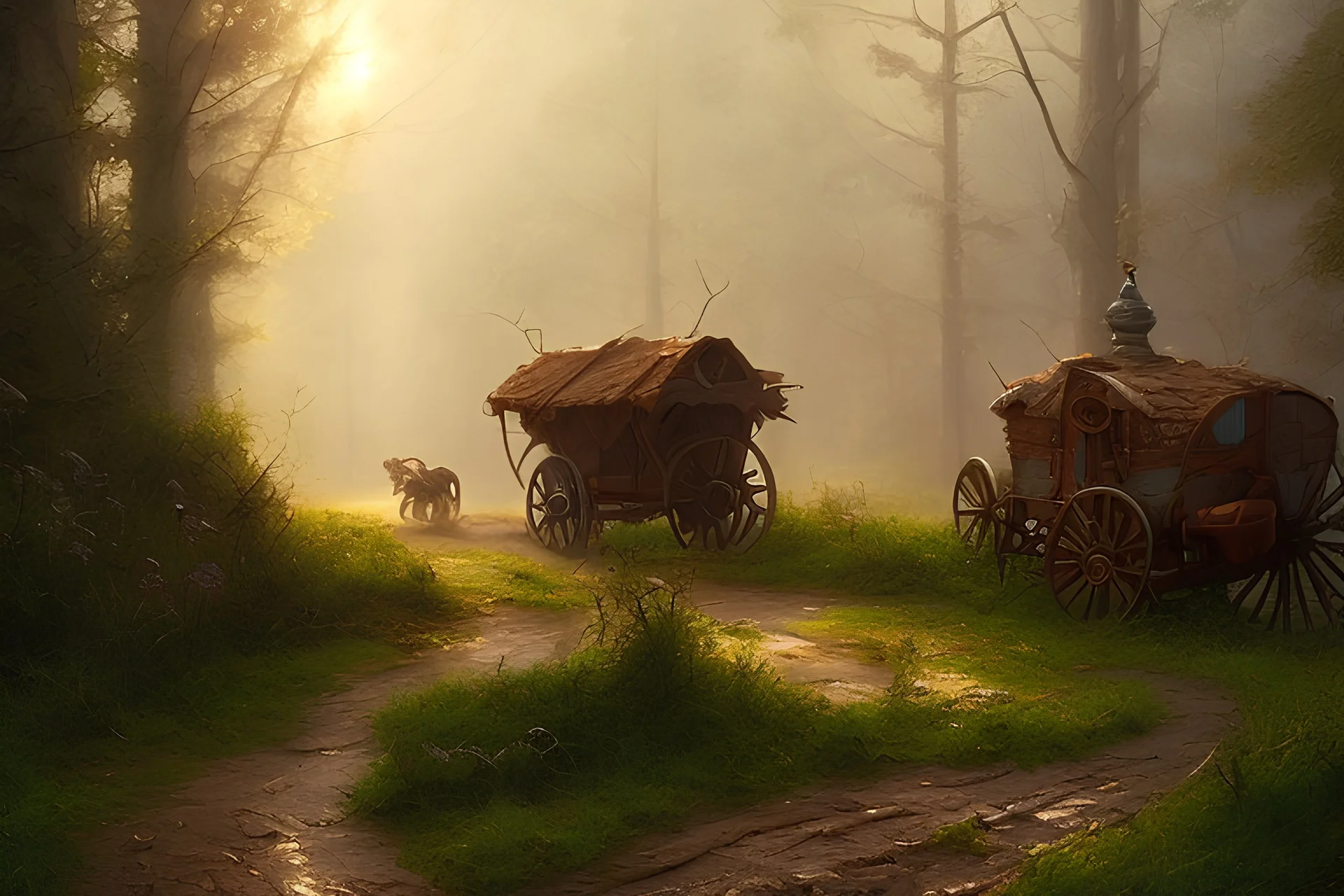 Peder Monk Monsted style, forest dirt road, one Hungarian chariot