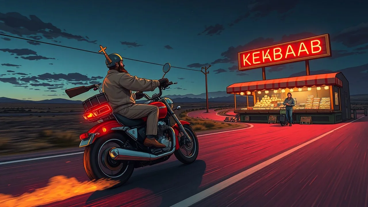 The kebab man driving fast on his holy motorcycle, fire from the exhaust, holy widescreen picture, holy empty road on the holy country at night, comic style, no helmet and he have a long holy black beard, neon kebab signs along the road, jesus stand at his market stand selling holy kebabs, simon stålenhag style