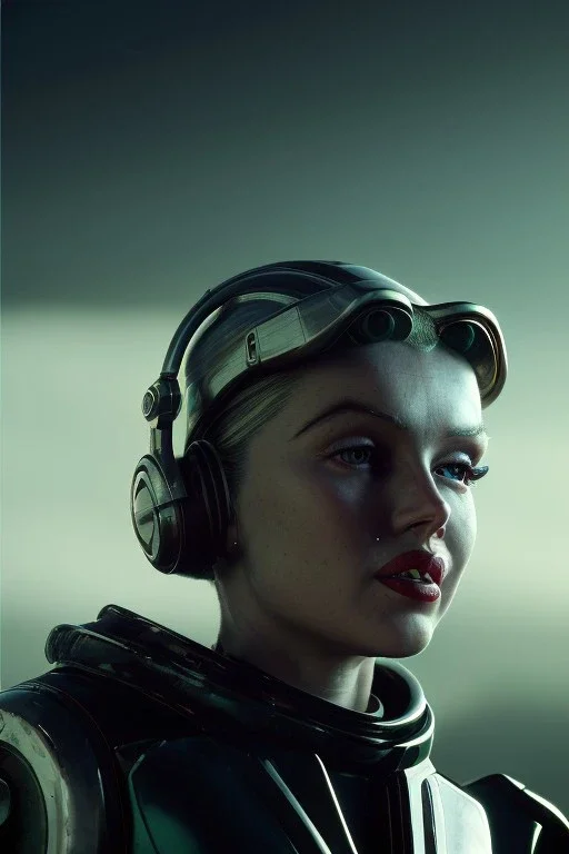 Ultra Realistic retro sci-fi scene, portrait, blonde woman, sweet young Marilyn Monroe face, perfect iris, tight latex coat, Strange planet background, Retro sci-fi style helmet, fog, rain, soft color, highly detailed, unreal engine 5, ray tracing, RTX, lumen lighting, ultra detail, volumetric lighting, 3d, finely drawn, high definition, high resolution.