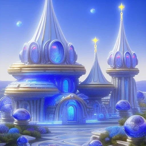 landscape of aztecan celestial blue temple ambient beutiful villa white gold and neon lights bright and blue bright gloss effect of a futuristic house,like spaceship, natural round shapes concept, large transparent view of the open outdoor garden,sea beach,blue sky , gold crystals,with light blue, flowers of Lotus, beutiful pools, light of sun , palmiers,cerisiers en fleurs, wisteria, sun , stars, small waterfalls