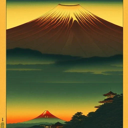 Ukiyo-e Style , mount fuji, sun set