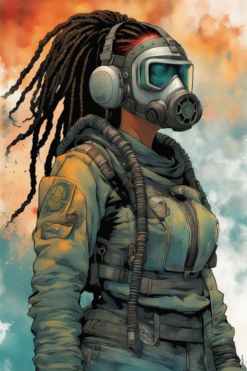 front facing full length portrait illustration of a grunge armored female , beaded dreadlock hair, cyberpunk vampire interstellar mercenary with gas mask, telecommunications headset, and shemagh, highly detailed with gritty post apocalyptic textures, caught in a cosmic maelstrom of swirling gases , finely detailed facial features and hair, in the graphic novel style of Bill Sienkiewicz, and Jean Giraud Moebius, ink wash and watercolor with realistic light and shadow