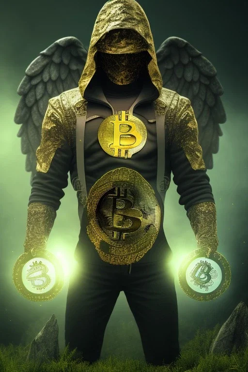 running berserker portrait , no face, black jogging suite , in the night Alps , holding bitcoin , angels background, volumetric gold light, high detail, dark leaf tree, dark mountains in background, perfect