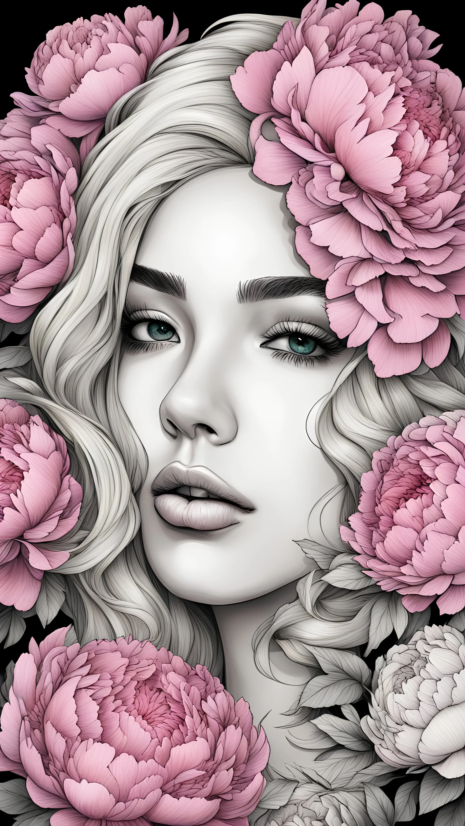 art of a young woman, with blonde hair, a coloring page of a beautiful bouquet of peonies all around her face, only her face shows, her face covered by the bouquet of peonies, with a black background, clear outline, no shadows, 4k