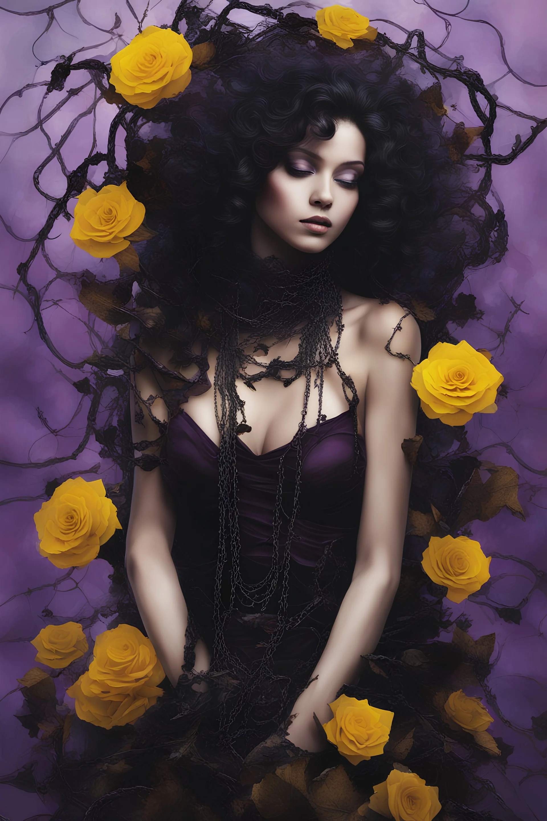 abstract creation of a beautiful girl with black curly hair, surrounded by black roses, wrapped in thick metal chains, glass petals on the ground, autumn and bright yellow and purple colours,dried out thorn bush, chaos,