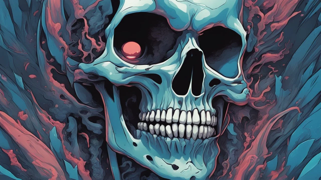 a close up of a person with a skull on their head, blue and black colors, anime skull portrait man, scary detailed art in color, hiroyuki-mitsume takahashi, nychos art aesthetic, half man half skeleton, anime cyberpunk art, colored manga art, rossdraws pastel vibrant, hot colors. insanely detailed, beautiful anime portrait, stunning anime face portrait, scary art in color