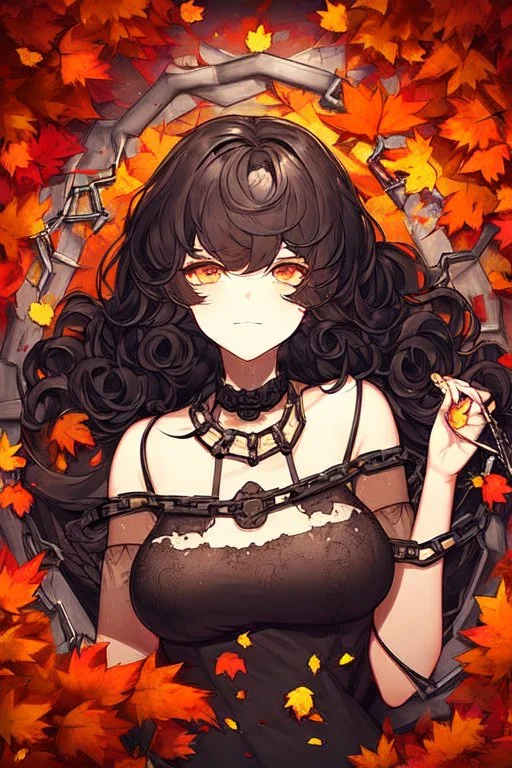 abstract creation of a beautiful girl with black curly hair, surrounded by black roses, thick metal chain broken, glass petals on the ground, autumn colours,dried out thorn bush, chaos,